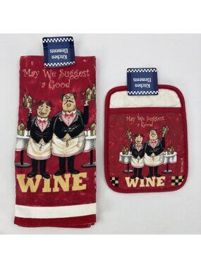 Good Wine Kitchen Towel and Pot Mitt Set Kitchen Elements Red Franco Kohls NEW